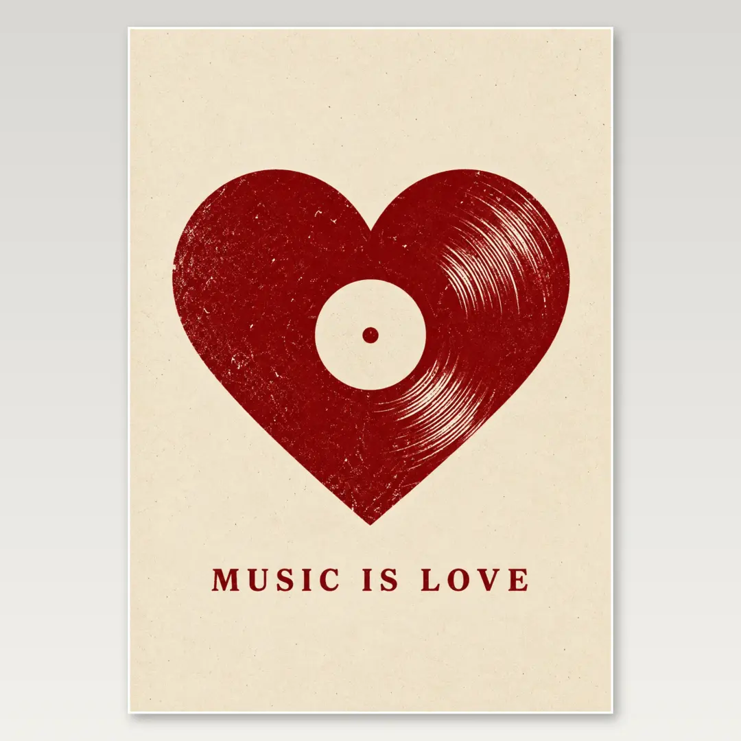 Music Is Love Red Heart A4 Poster