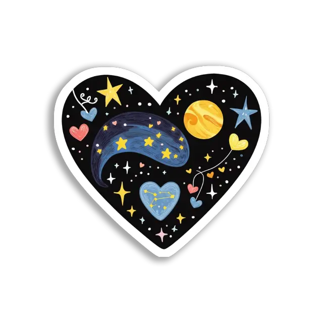 Pegatina de corazón cósmico de estrellas y planetas