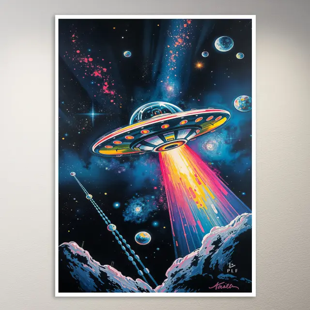 PLF's buntes UFO im Weltall Poster