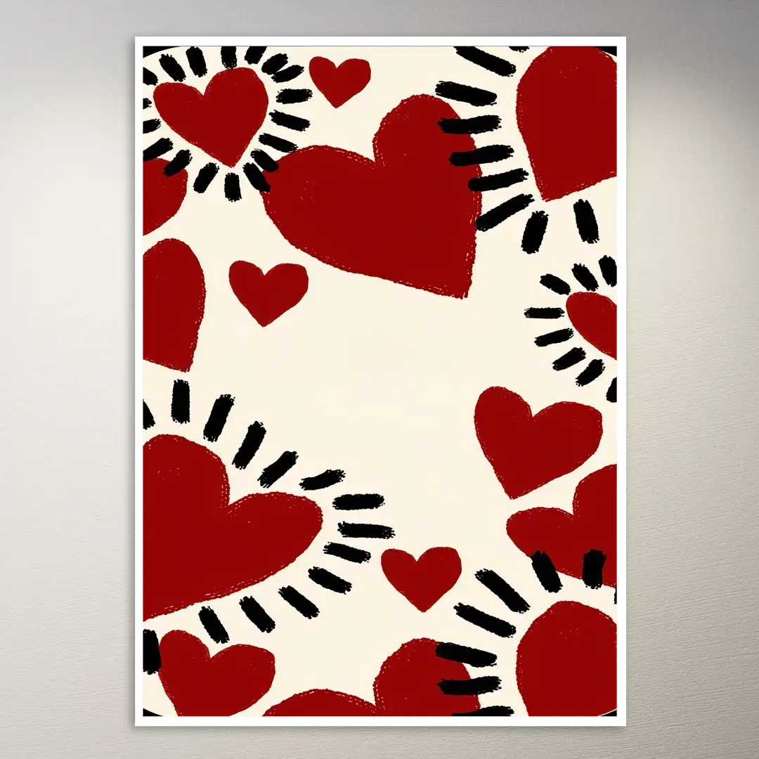 Rote Herzen und schwarze Strahlen Poster