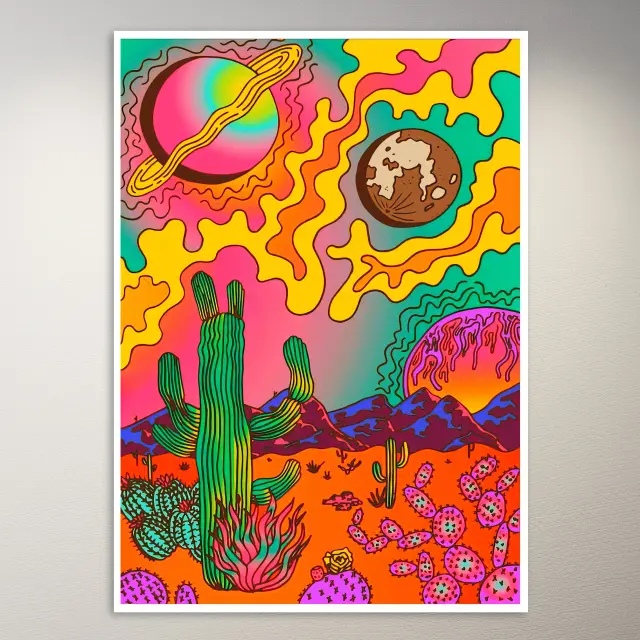 Psychedelische Wüstenlandschaft mit Kakteen Poster