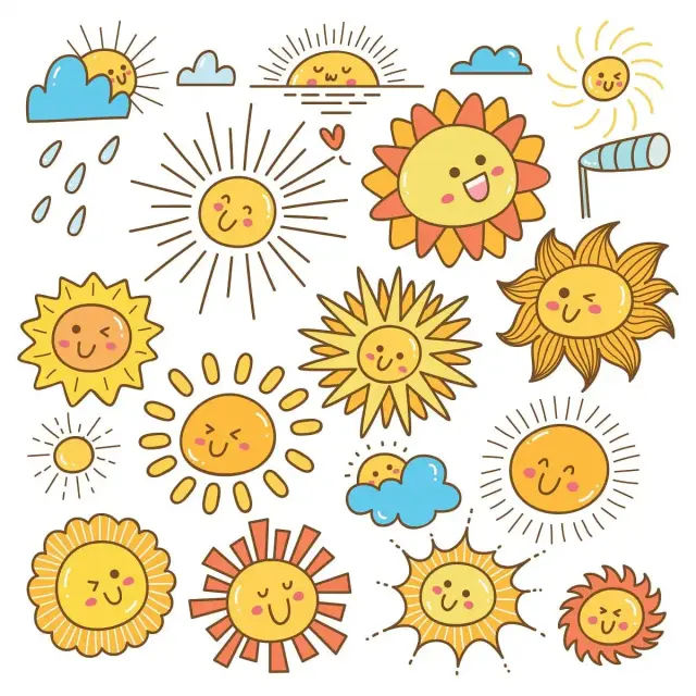 Kawaii-Sonnen-Doodle Sticker-Set