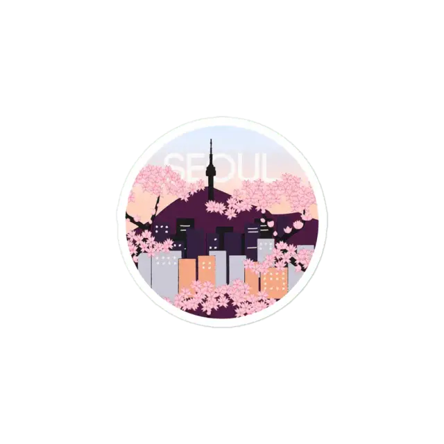 Seoul Tower mit Kirschblüten im Holzschnitt-Stil Südkorea Sticker