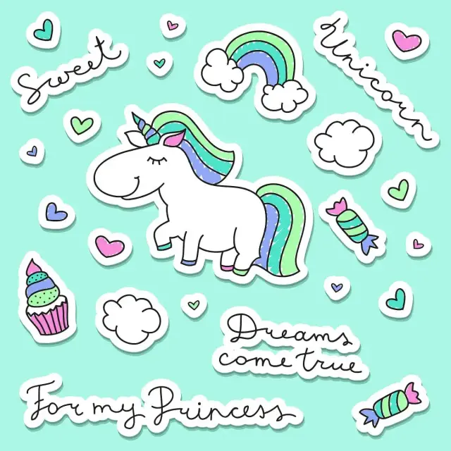 Pegatinas de unicornios tiernos azul cielo