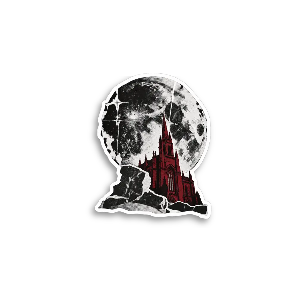 Pegatina de luna y edificio rojo