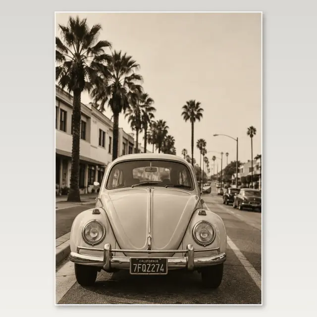 Póster A4 Beetle en calle de palmeras