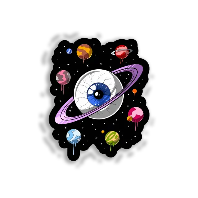 Pegatina de ojo en el espacio con planetas derritiéndose