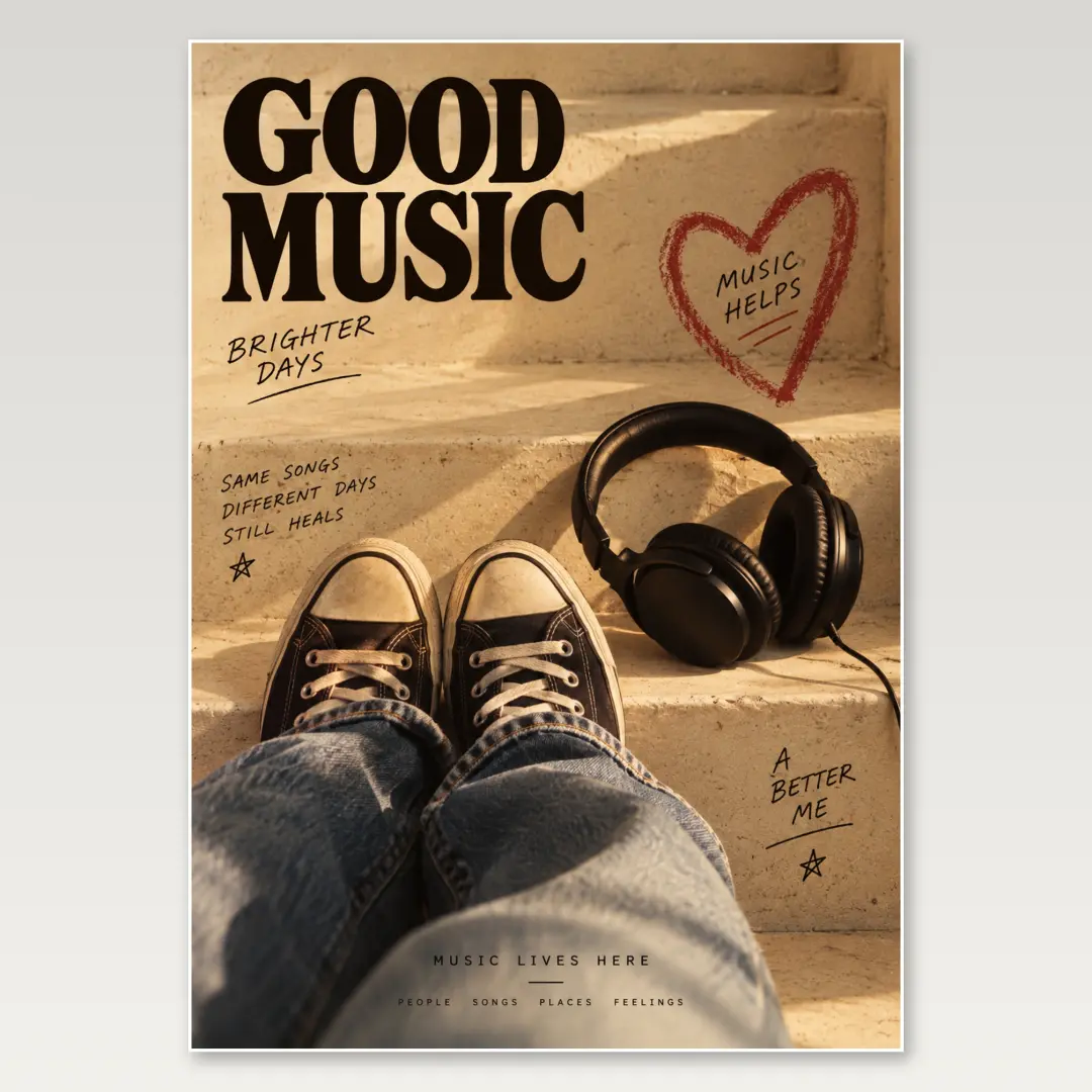 Vintage Headphones Staircase A4 Poster