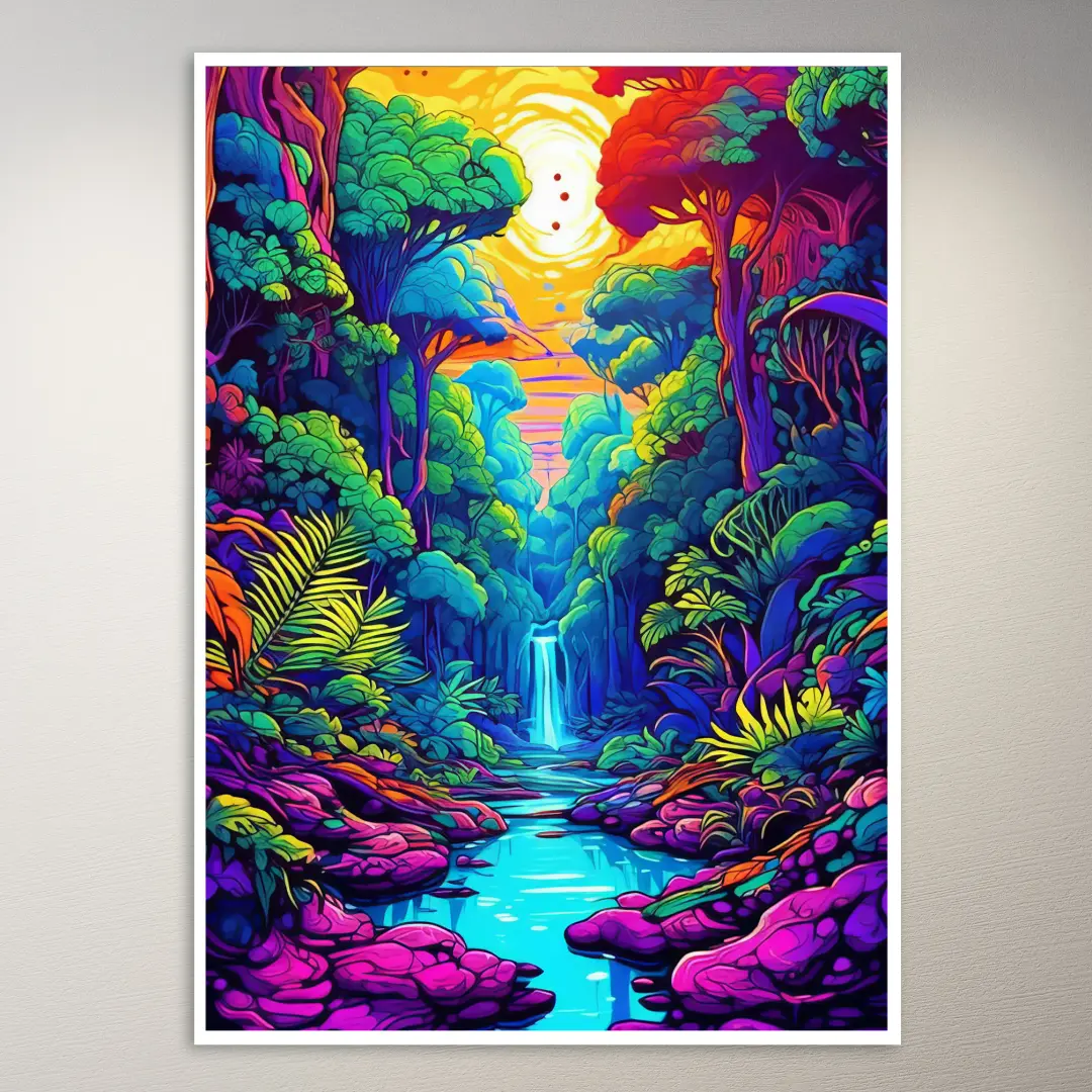 Psychedelischer Wasserfall im Dschungel Poster