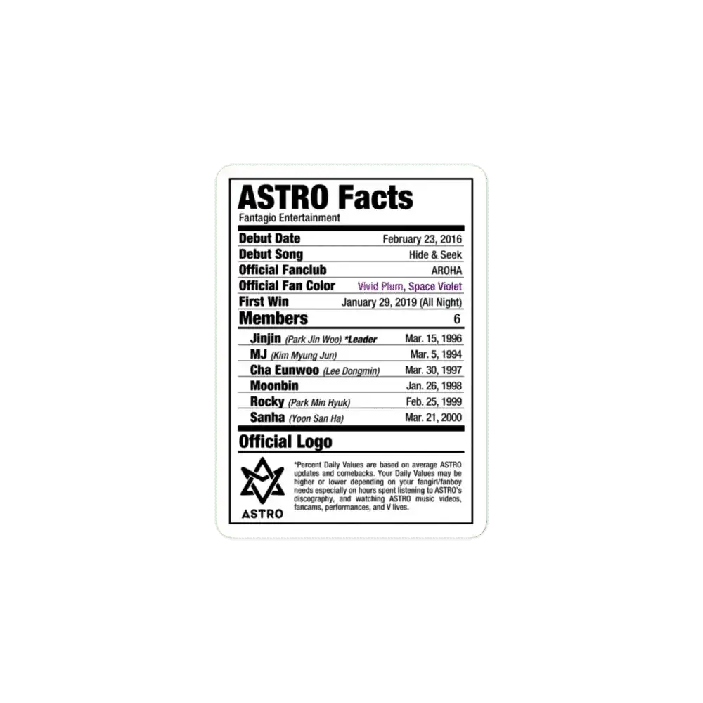 ASTRO Kpop Nutritional Facts Sticker