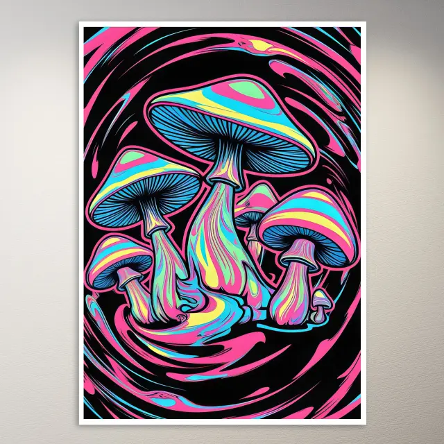 Psychedelic Mushrooms in Swirls Poster