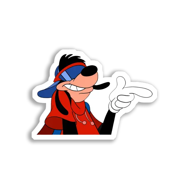 Max Goof zeigt mit dem Finger Sticker
